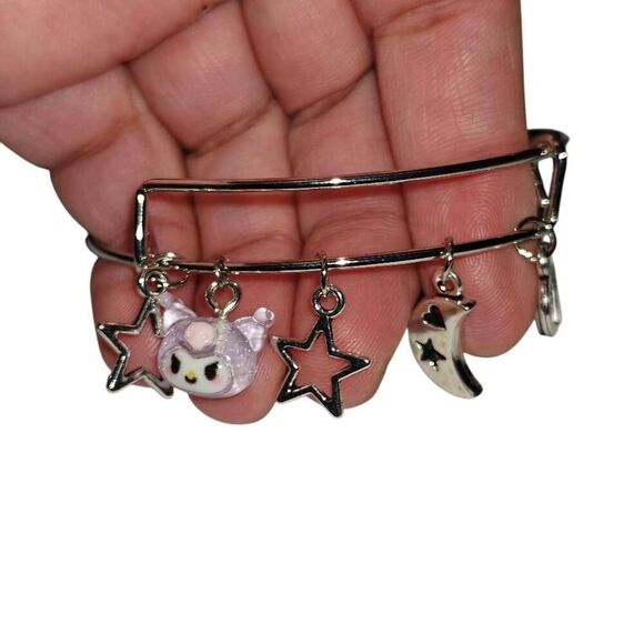 Silver Kawaii Hello Kitty Kuromi Charm Bangle Adjustable Bracelet - Picture 3 of 3